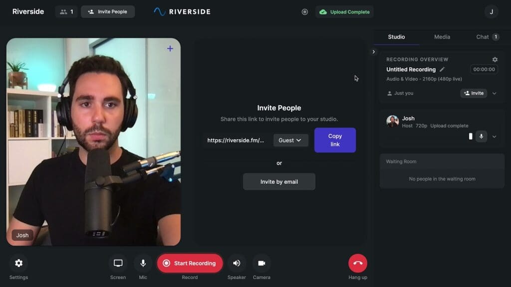 Riverside.fm standard studio for remote interviews and remote recording.