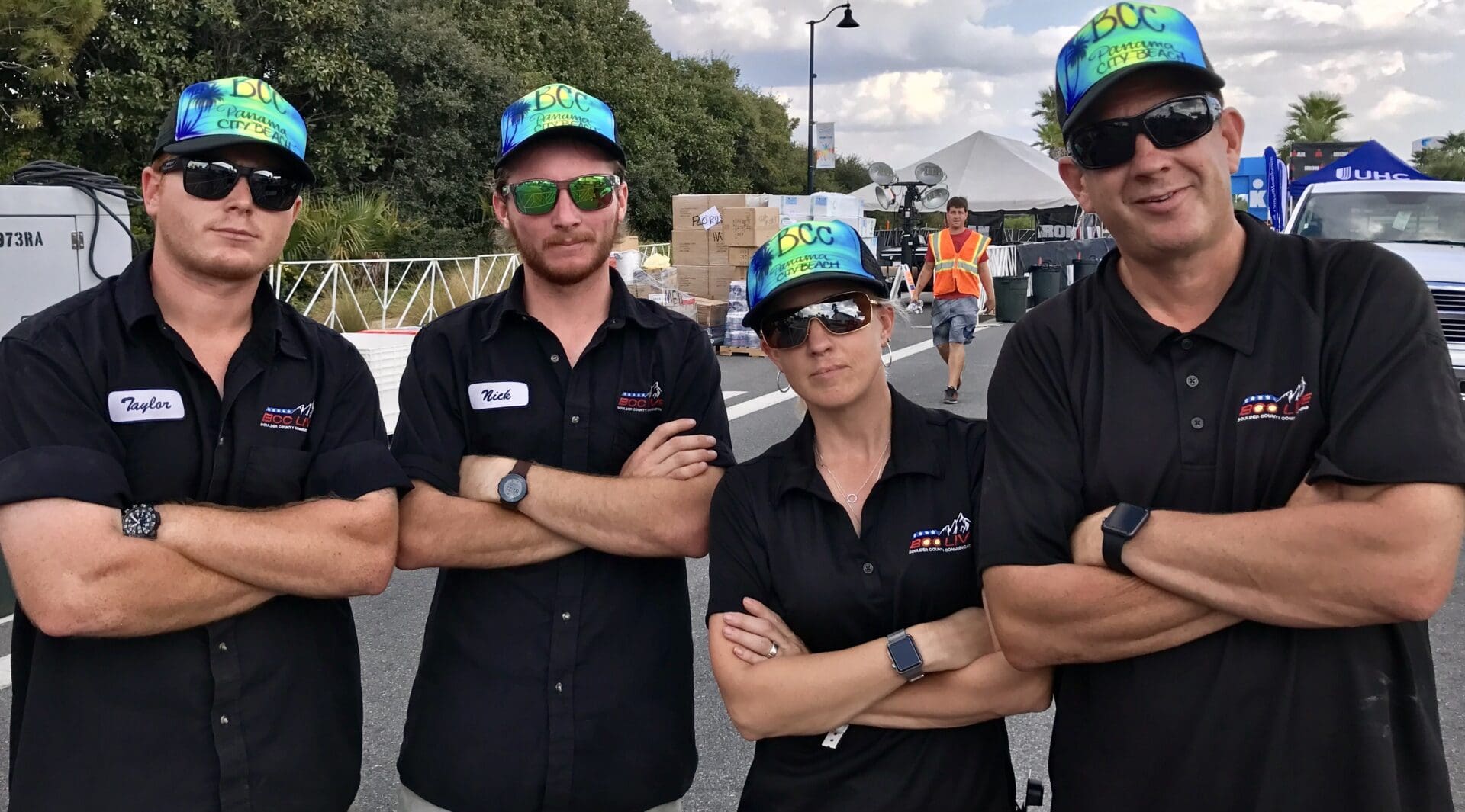 BCC Live team at a race in Panama City Beach wearing their name shirts.