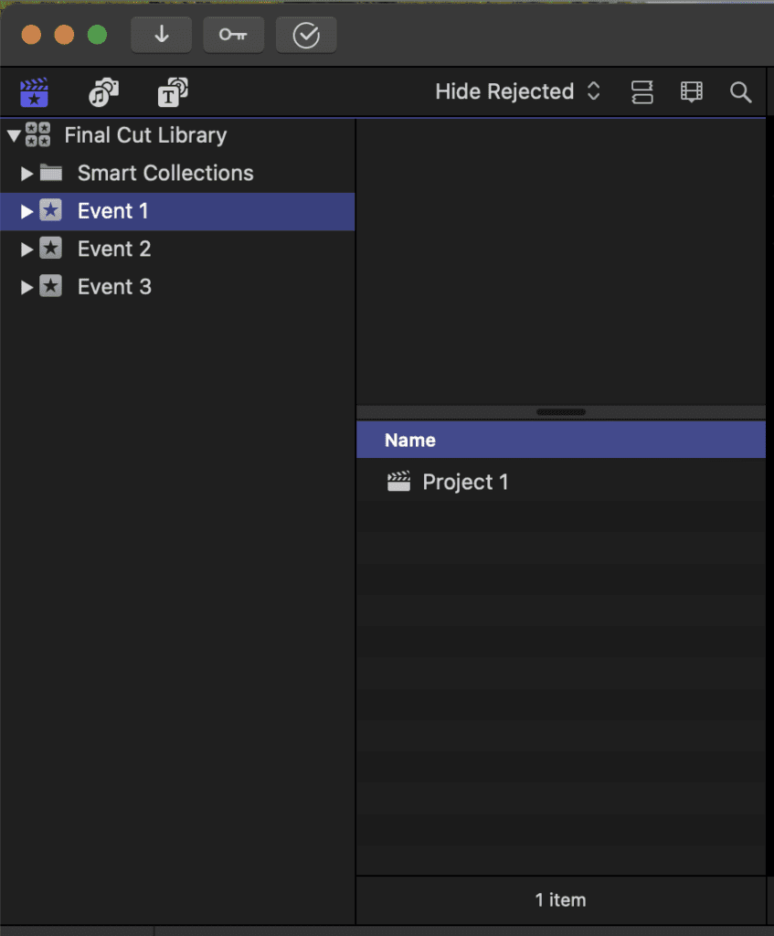 A screenshot of the final cut pro file management system. It shows Libraries, events, and projects.