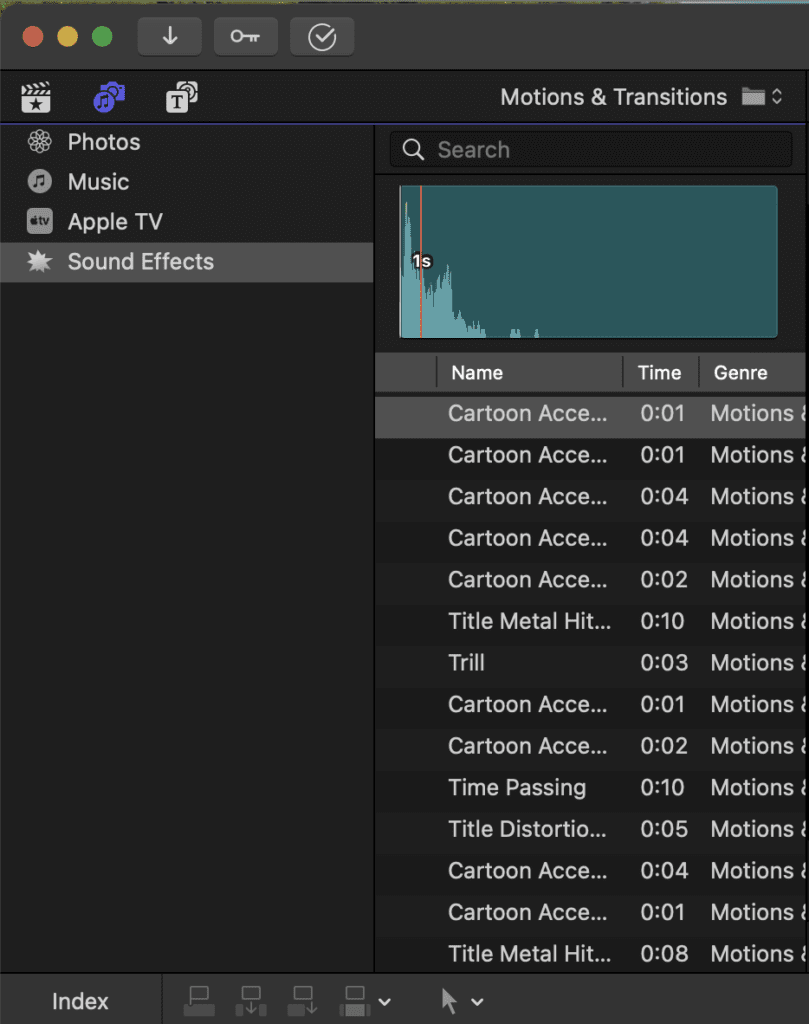 The native sound effects library window in Final Cut Pro.