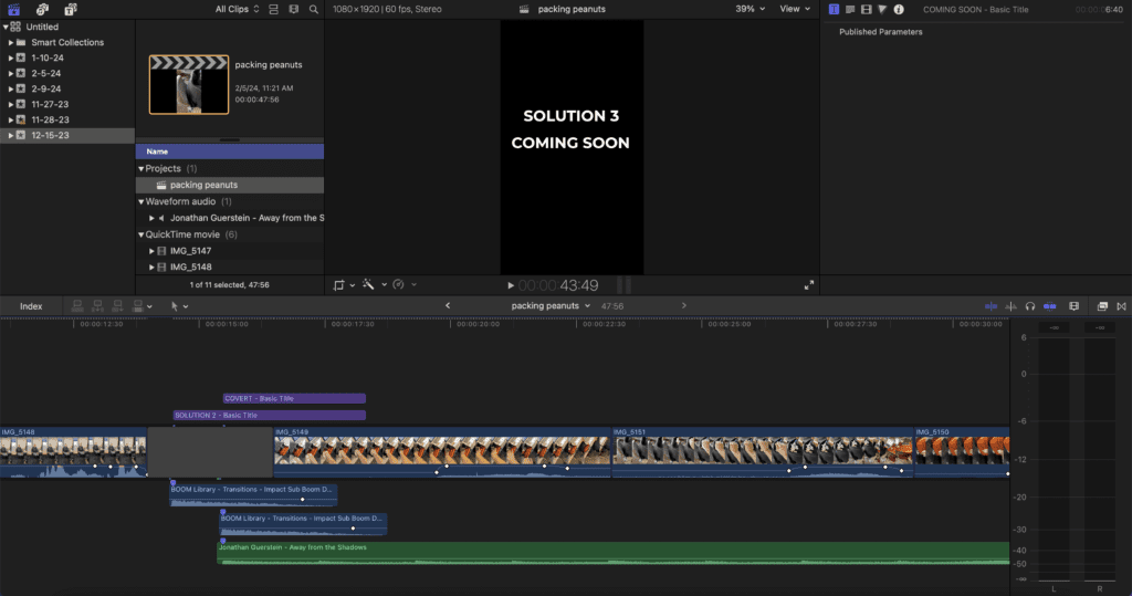 Screenshot of a Final Cut Pro project timeline featuring stock music. The interface displays audio waveforms and editing tracks, indicating the incorporation of royalty-free music into the video editing project. This suggests the integration of music to enhance the audiovisual experience of the final video production. Various editing tools and controls are visible, allowing for precise manipulation and synchronization of the music with the video content.