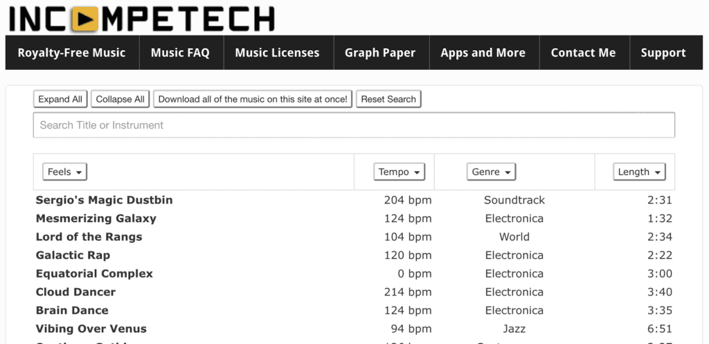Screenshot displaying the user interface of Incompetech Tempo. The interface showcases various controls and options for adjusting the tempo of music tracks.