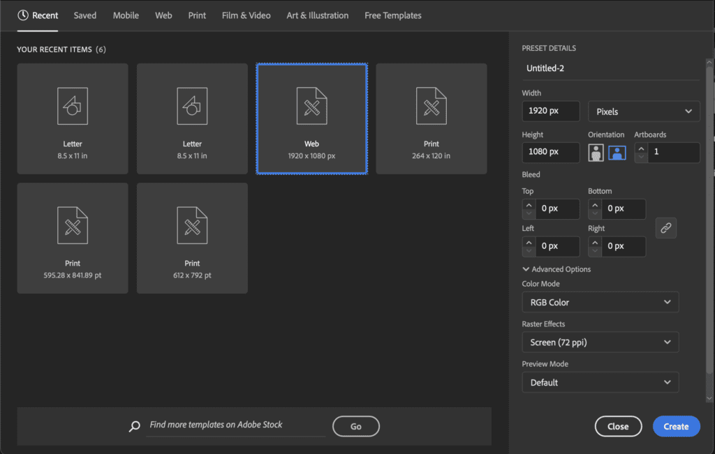Screenshot capturing the Adobe Illustrator new document screen. The interface presents options for setting document properties such as dimensions, orientation, and units.