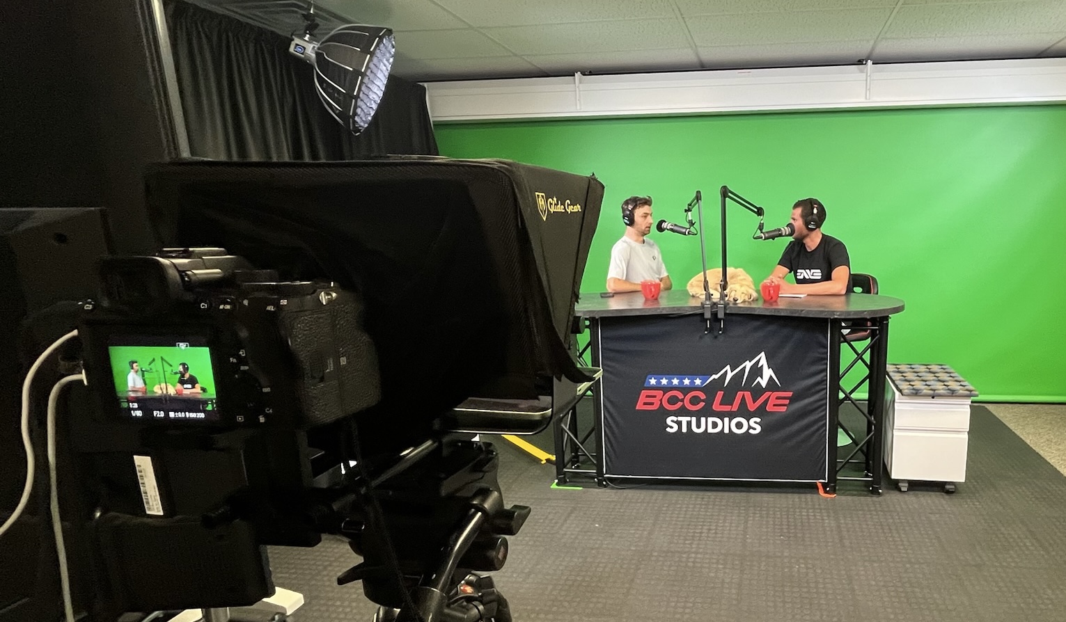 Two people recording a podcast in BCC Live's Studio