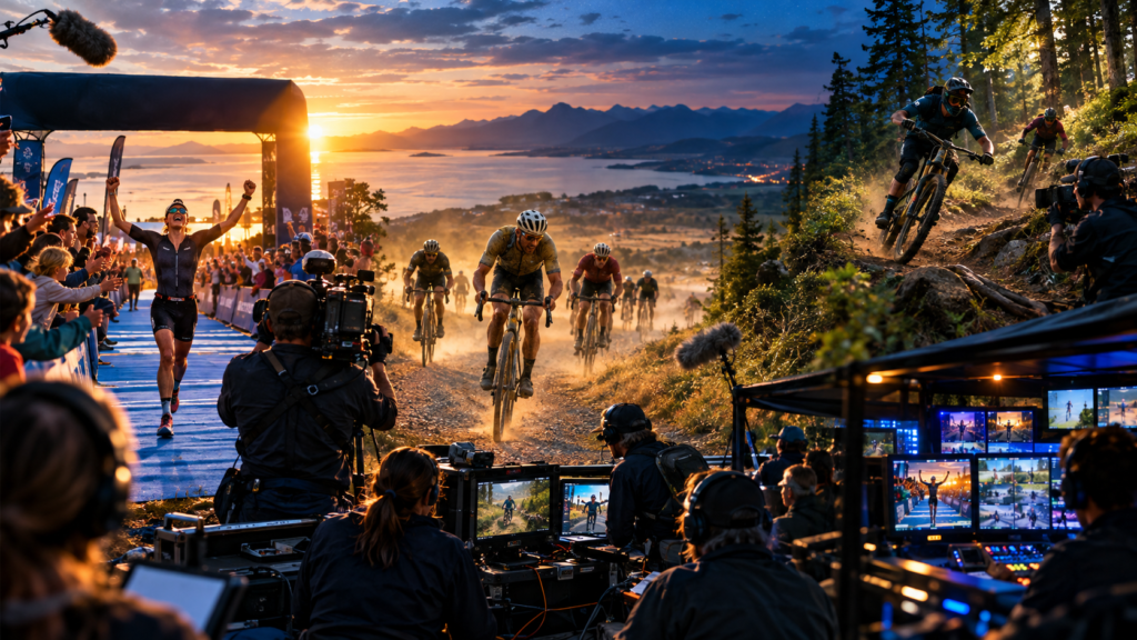 Cyclists race through a mountain course as spectators cheer and a production crew films the event at sunset